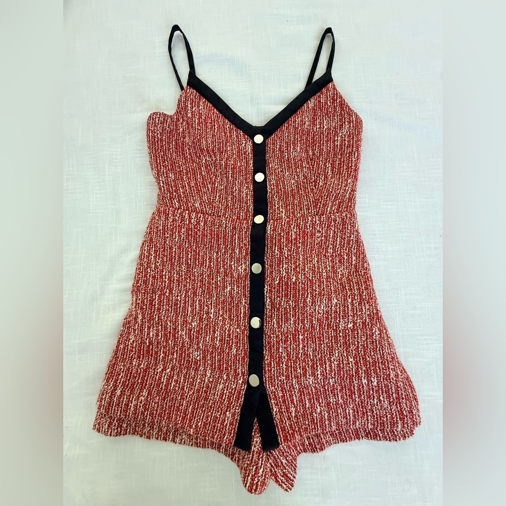 MAJE Tweed V-Neck Red White Black Trim Romper Dress Size 2 - Picture 2 of 9